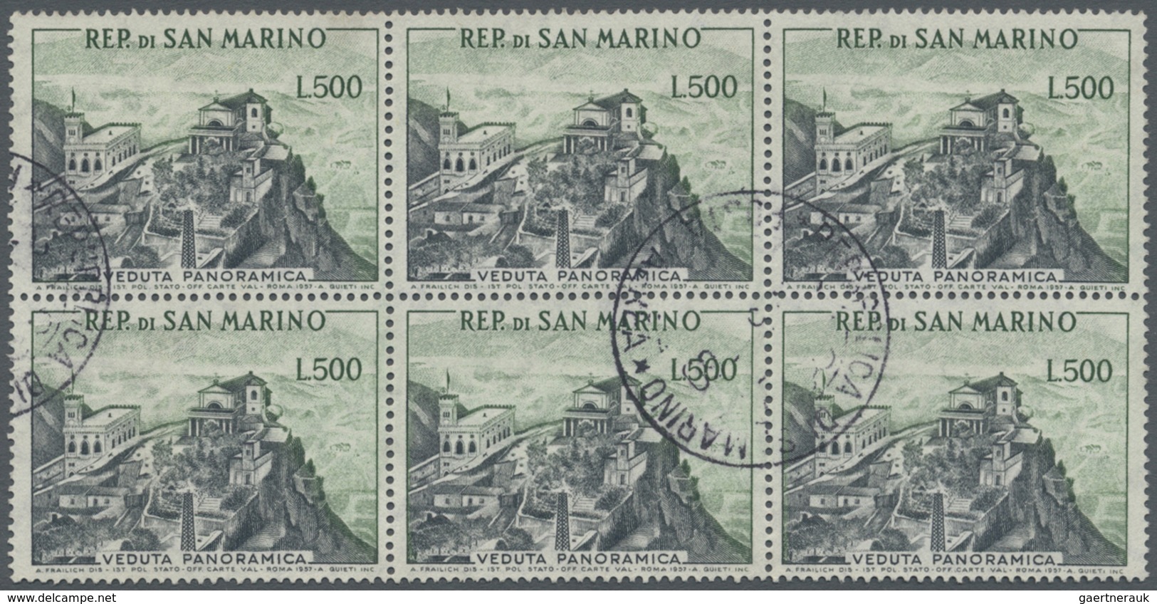 O San Marino: 1958, 500 L Black/dark Green Landscape In Block Of Six, Used, Mi 420.- - Neufs