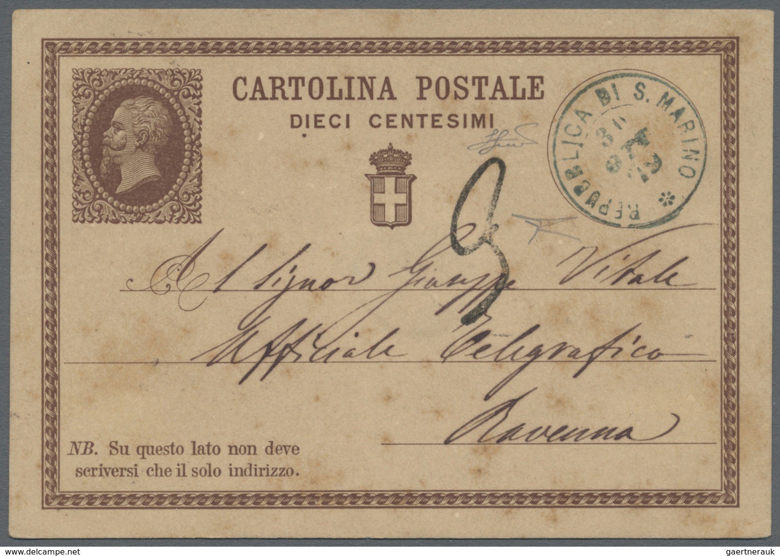 GA San Marino - Ganzsachen: 1879: Italian Postal Stationery 10 Centesimi Brown Used In SAN MARINO With - Entiers Postaux