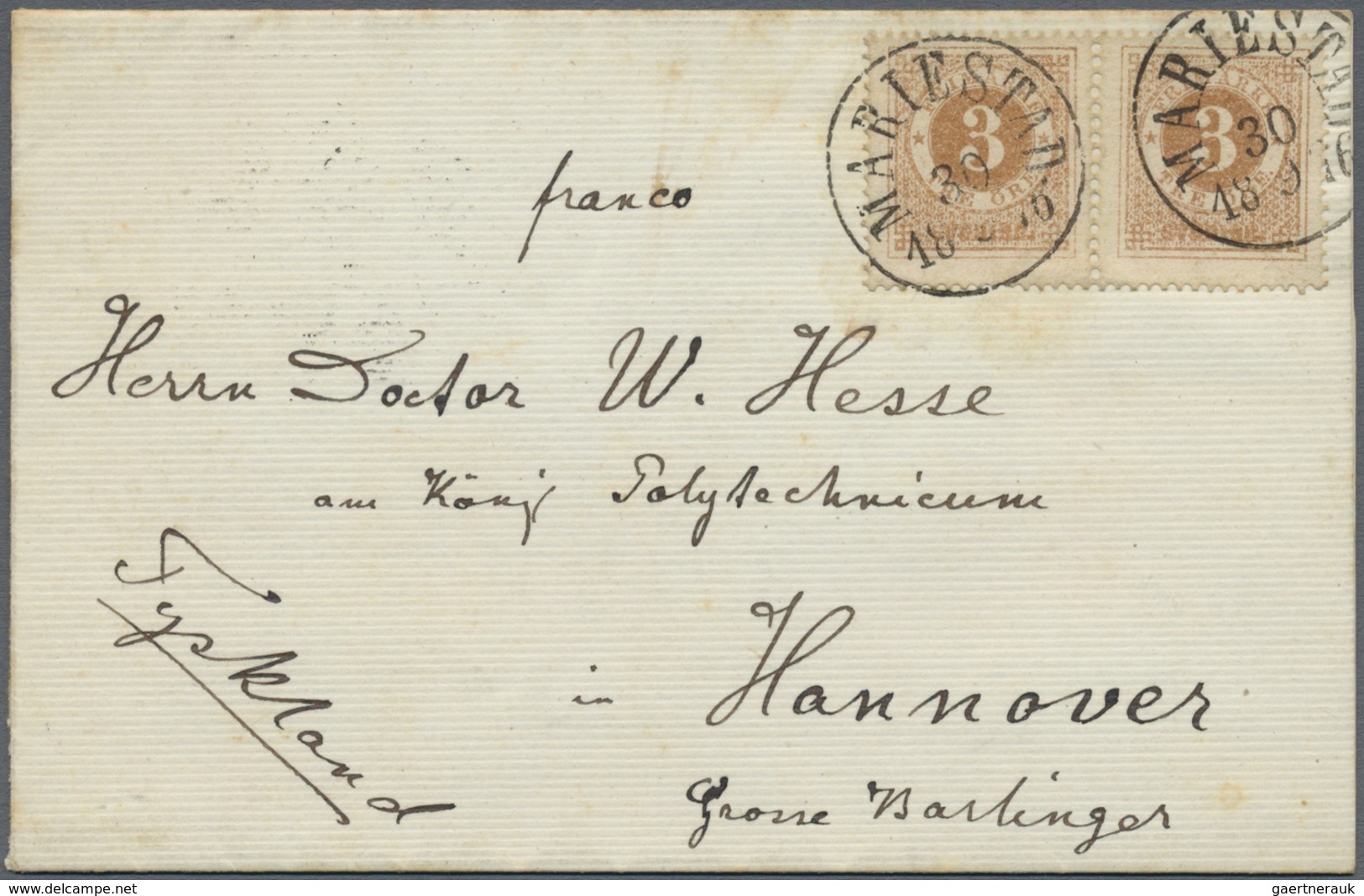 Br Schweden: 1876, 3 Ore Bister Brown Pair On Imprint Circular Mail (engagement Card) Tied By "MARIESTA - Neufs