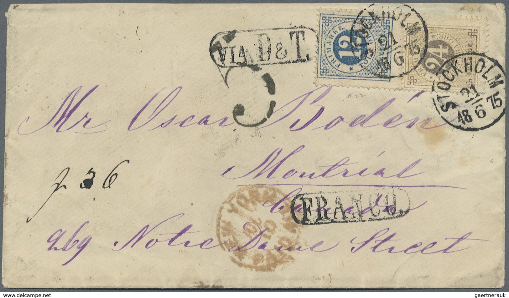 Br Schweden: 1875, Numerals 12 Ö & 24 Ö On Cover To Canada. Extremely Scarce. Facit Catalog States That - Ongebruikt