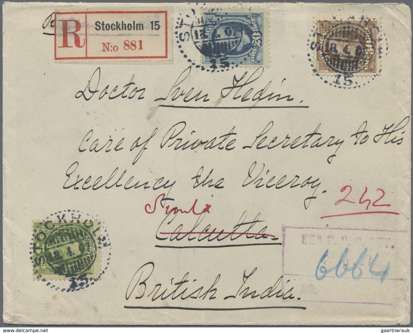 Br Schweden: 1907 Mail To SVEN HEDIN At Indian Viceroy's Camp: Registered Double-rate Cover From Stockh - Neufs