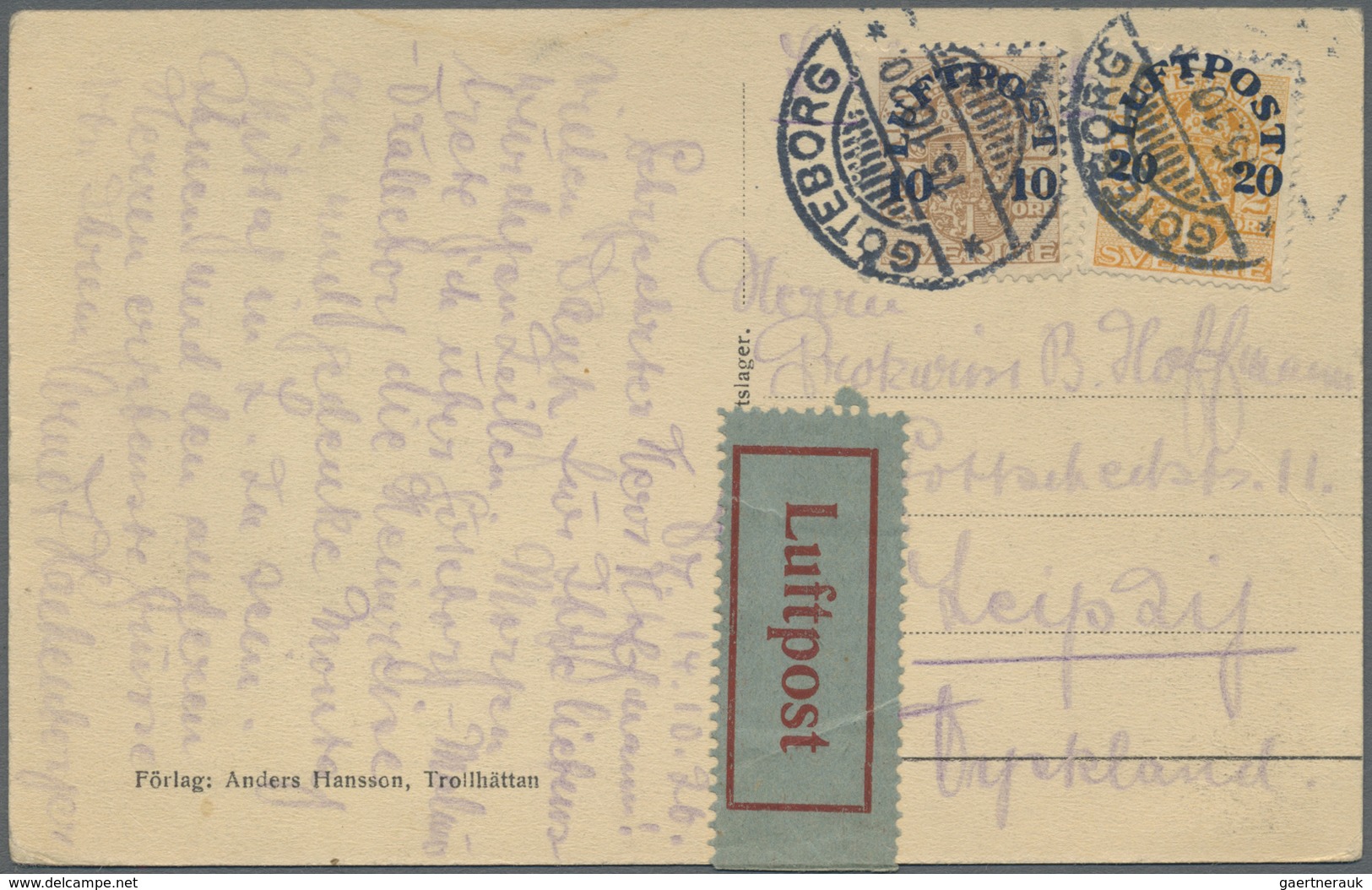 Br/ Schweden: 1920, Postcard Via Airmail From GÖTEBORG To Leipzig Wfranked With 10 Ans 20 Öre Airmail St - Neufs