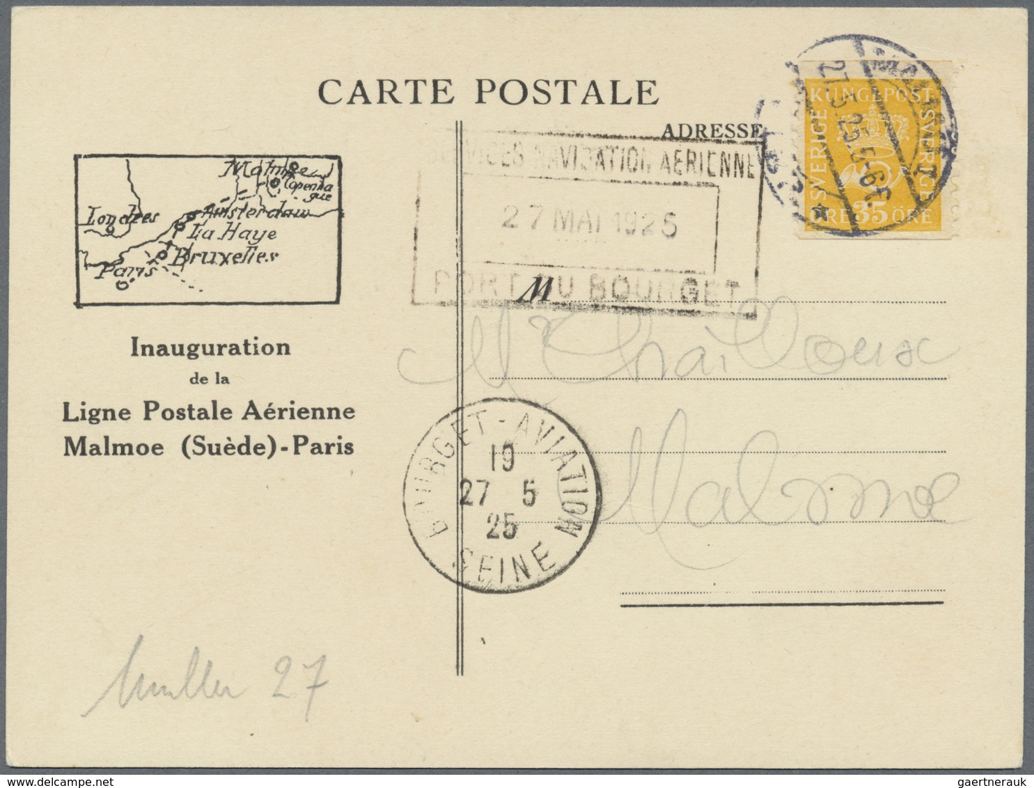 Br Schweden: 1925, Flugpostkarte "Malmoe (Suède)-Paris Frankiert Mit 35 Öre Orangegelb Posthorn. - Neufs