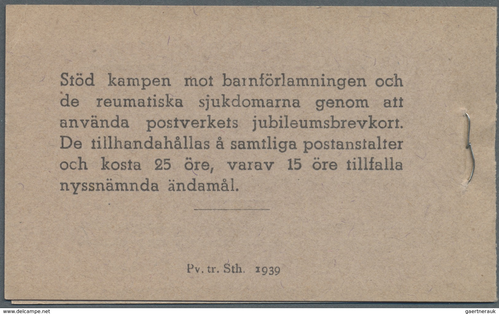 ** Schweden - Markenheftchen: 1939, Gustaf V Right Profile Type I, Complete Stamp Booklet ‚Pris 2 Krono - 1951-80
