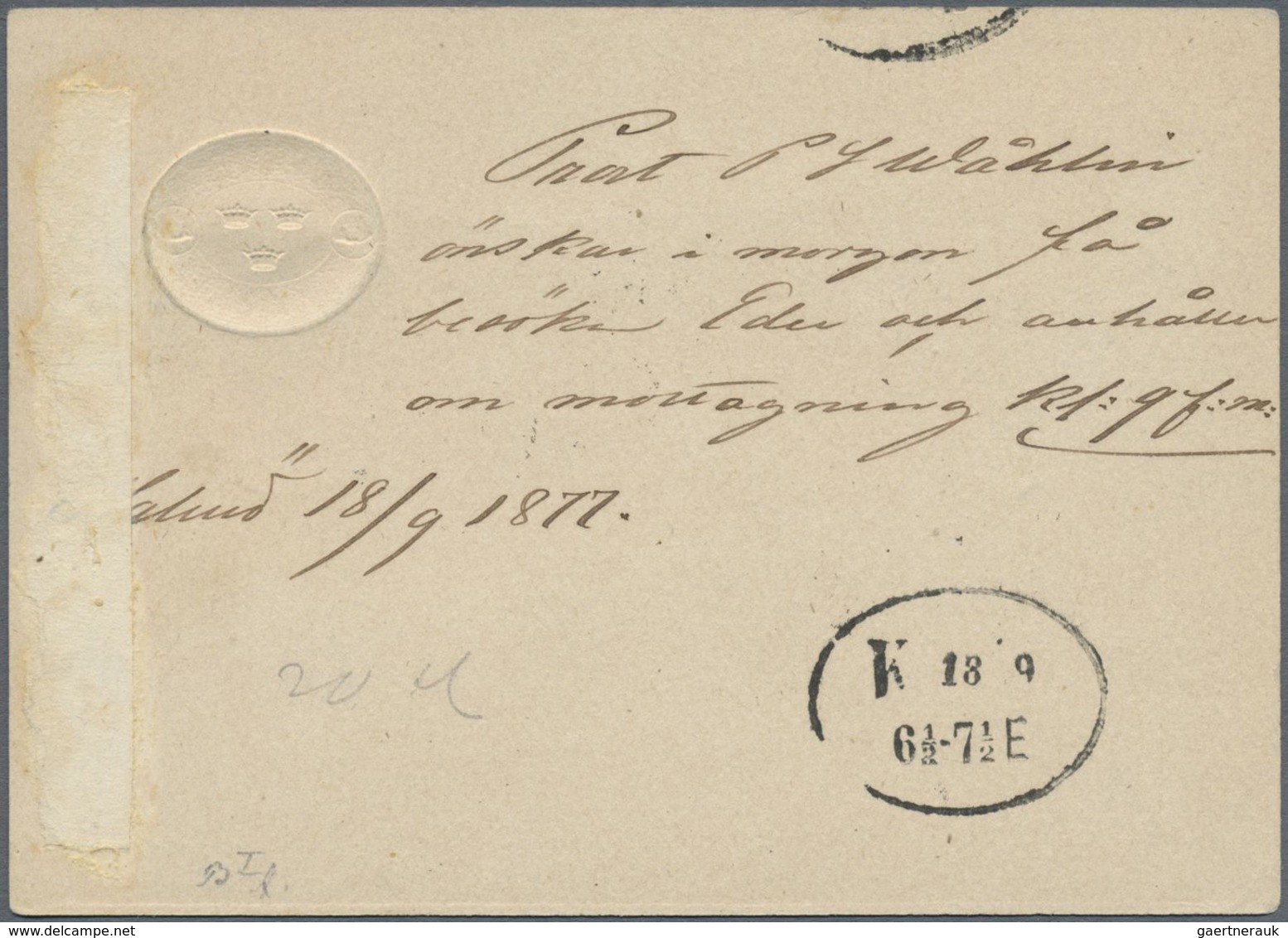 GA Schweden - Ganzsachen: 1877, GA-Karte "SEX ÖRE" Lila (rückseitig Kleine Papieranhaftungen) Mit K1 "F - Postwaardestukken