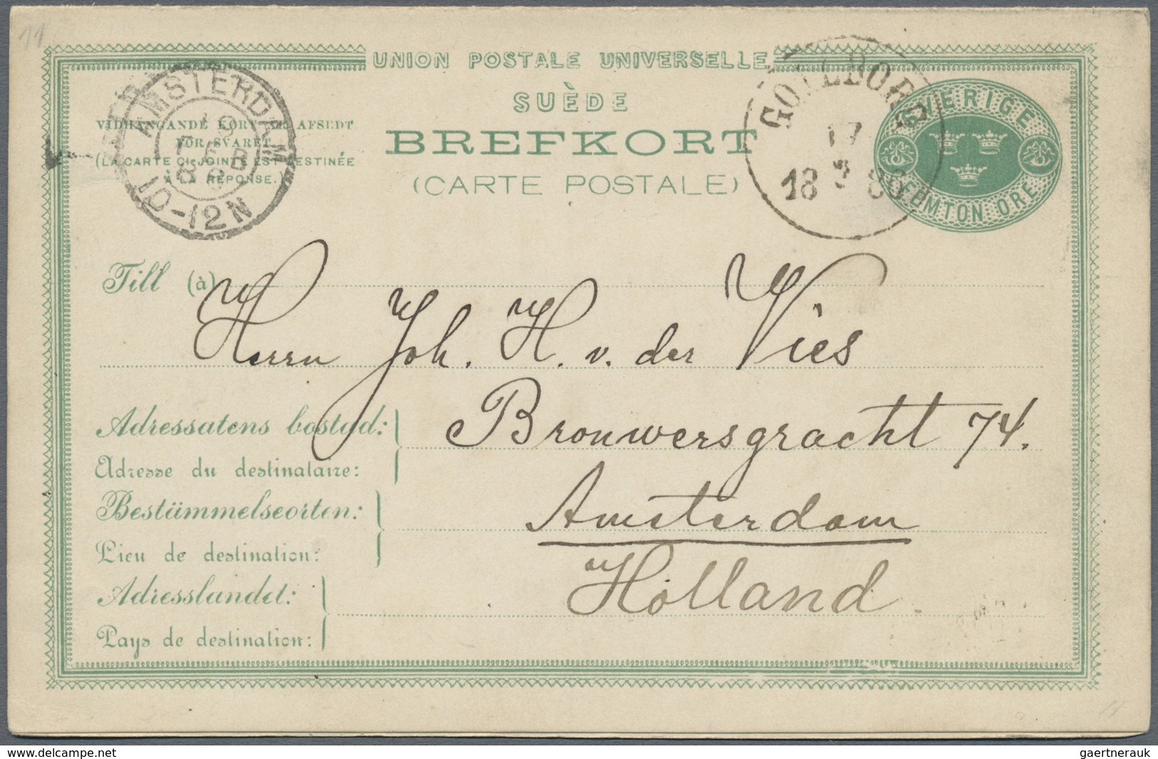 GA Schweden - Ganzsachen: Doppelkarte 15 Ö. Blaugrün Sauberer Bedarf 1886 N. Holland, Mi 1.000.- Euro. - Entiers Postaux