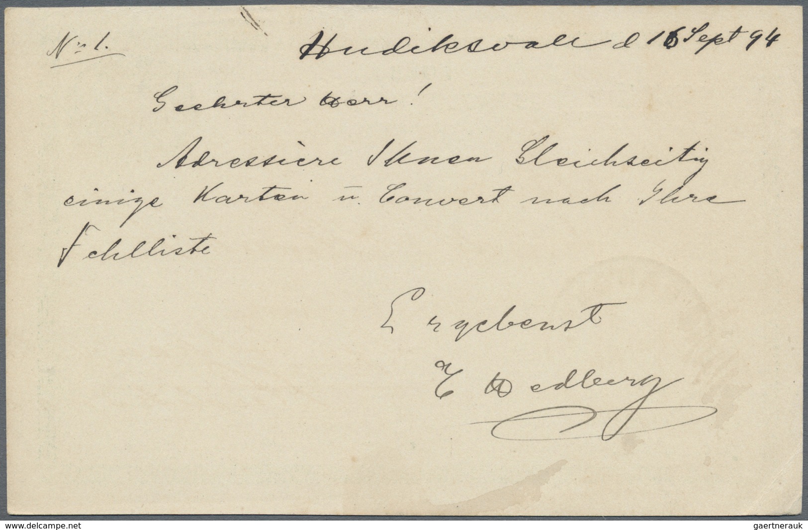 GA Schweden - Ganzsachen: 1894 Swedish Postal Stationery Card 15 Ore (sender Part Of Double Card) Sent - Postwaardestukken