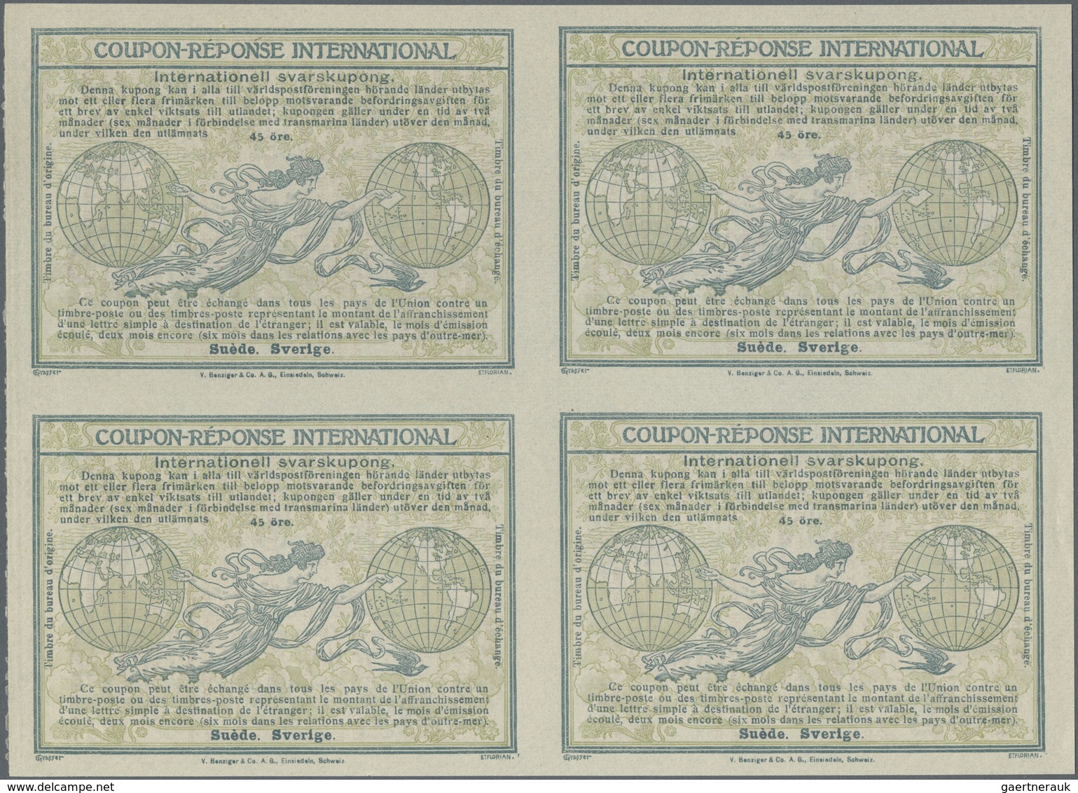 GA Schweden - Ganzsachen: Design "Madrid" 1920 International Reply Coupon As Block Of Four 45 Öre Sveri - Postwaardestukken