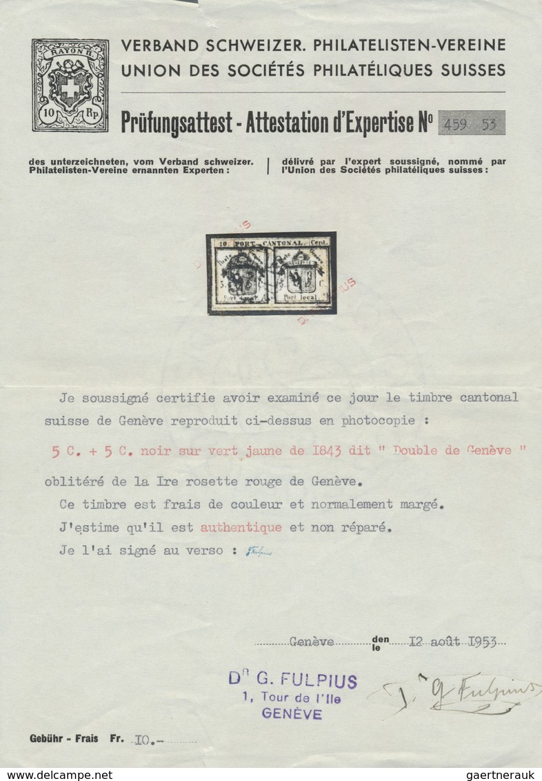 O Schweiz - Genf: 1843 "Doppelgenf" 5+5 C. Schwarz/gelbgrün, Gebraucht Und Entwertet Mit Roter Genfer - 1843-1852 Federale & Kantonnale Postzegels