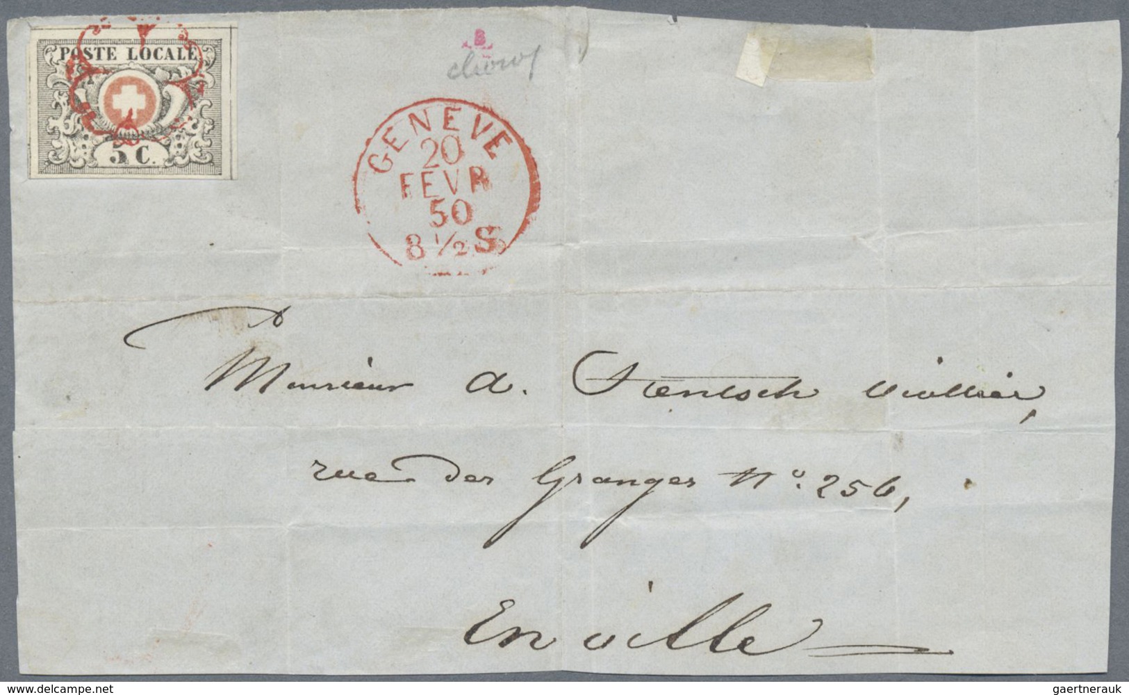 Brfst/Br Schweiz: 1850 "Waadt" 5 C. Schwarz/rot Als Einzelfrankatur Auf Briefvorderseite Im Ortsbereich Genf - Ongebruikt