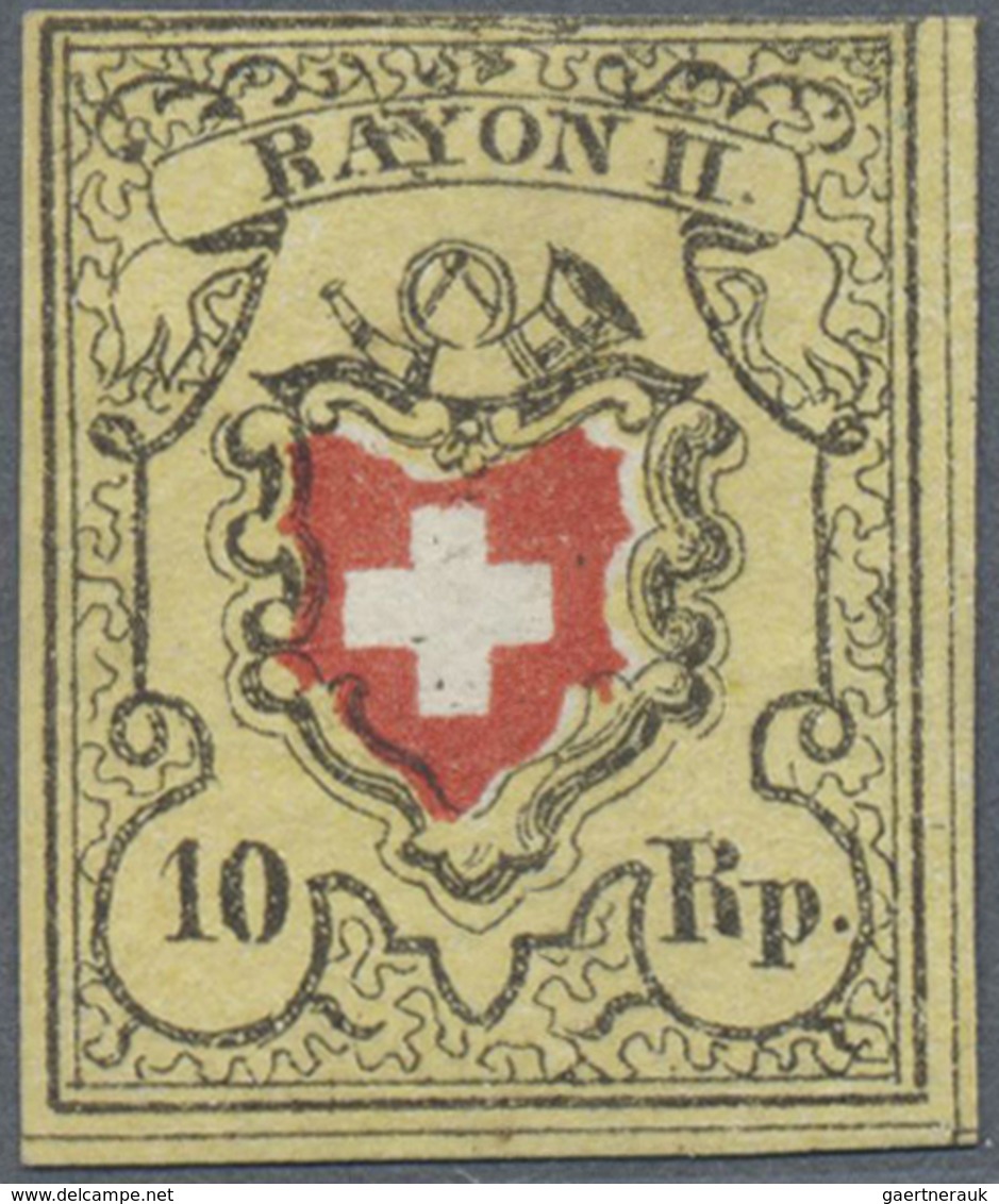 (*) Schweiz: 1850 Rayon II 10 Rp. Schwarz/rot/gelb, Type 5 Vom Stein E-LO Mit 'Plattenfehler' "Obere Ran - Neufs