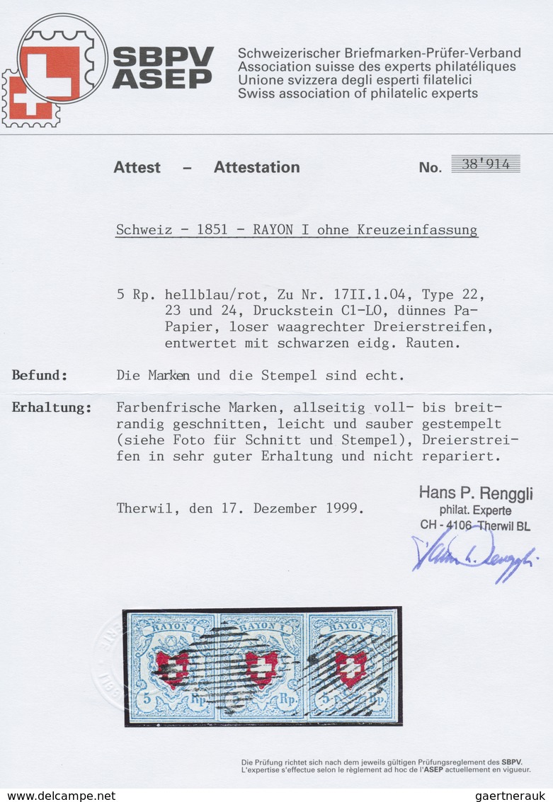 O Schweiz: 1851: 5 Rp Hellblau/rot, Stein C1, Dünnes Papier, Waagerechter Dreierstreifen, Farbfrisch, - Ongebruikt