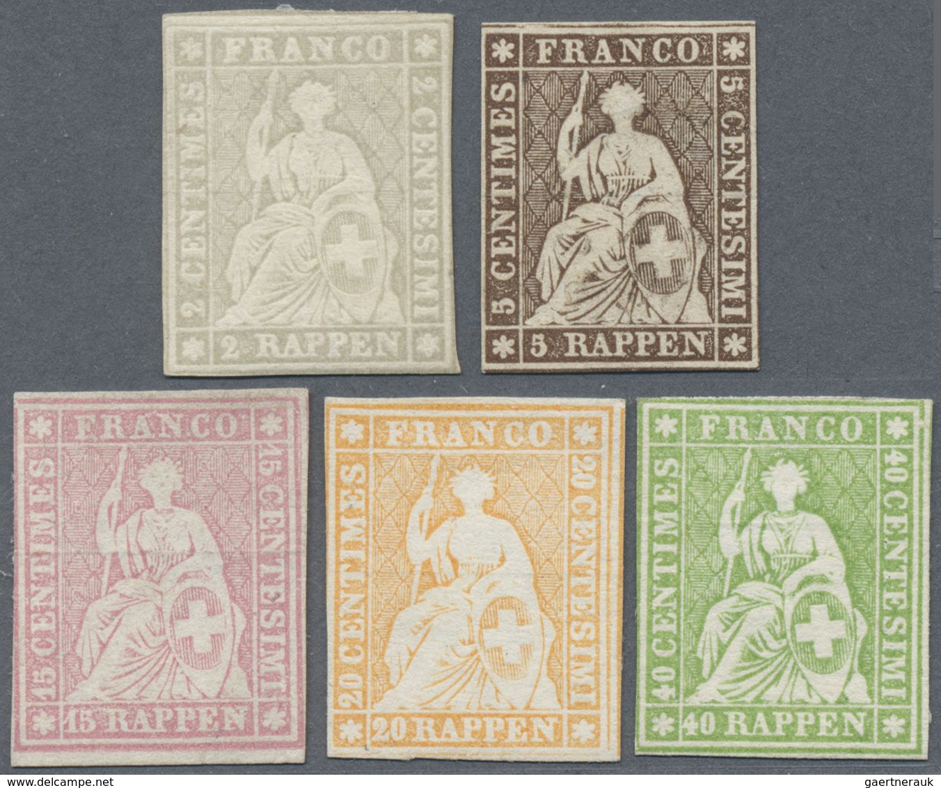 (*) Schweiz: 1854-62 Strubel: Vier Ungebrauchte Werte Vom Letzten Berner Druck (2 Rp., 15 Rp., 20 Rp. Un - Neufs