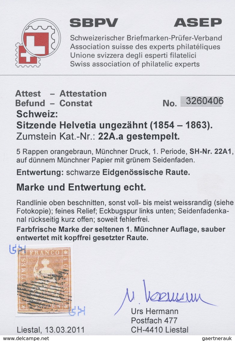 O Schweiz: 1854 Strubel 5 Rp. Orangebraun Vom 1. Münchner Druck, Sauber Und Kopffrei Gestempelt Mit Sc - Ongebruikt