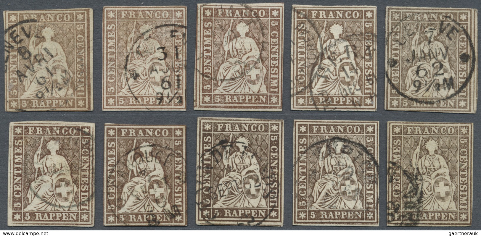 O Schweiz: 1857-62 Strubel: Zehn Einzelmarken Zu 5 Rp. Vom Letzten Berner Druck, Alle Farbfrisch Und S - Neufs