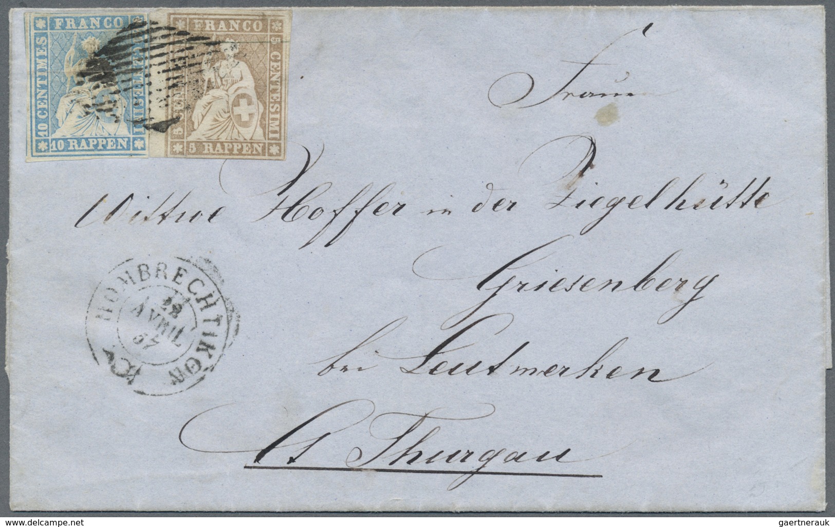 Br Schweiz: 1856, Strubel 5 Rp. Braun Und 10 Rp Hellblau Berner Druck Auf Seidenpapier Zusammen Auf Bri - Neufs