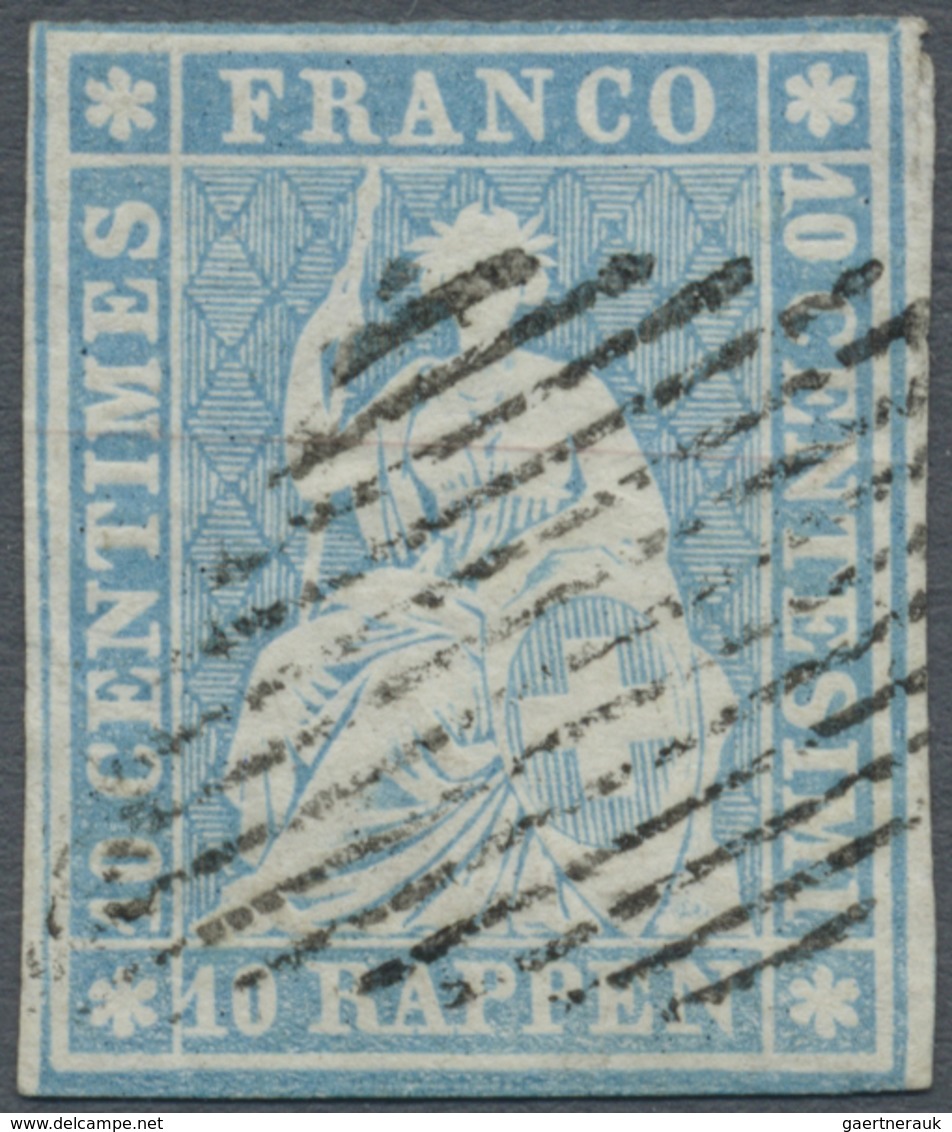 O Schweiz: 1856 Strubel 10 Rp. Grünlichblau Auf Dünnem Papier Mit Hellrotem Seidenfaden, Sehr Sauber E - Ongebruikt