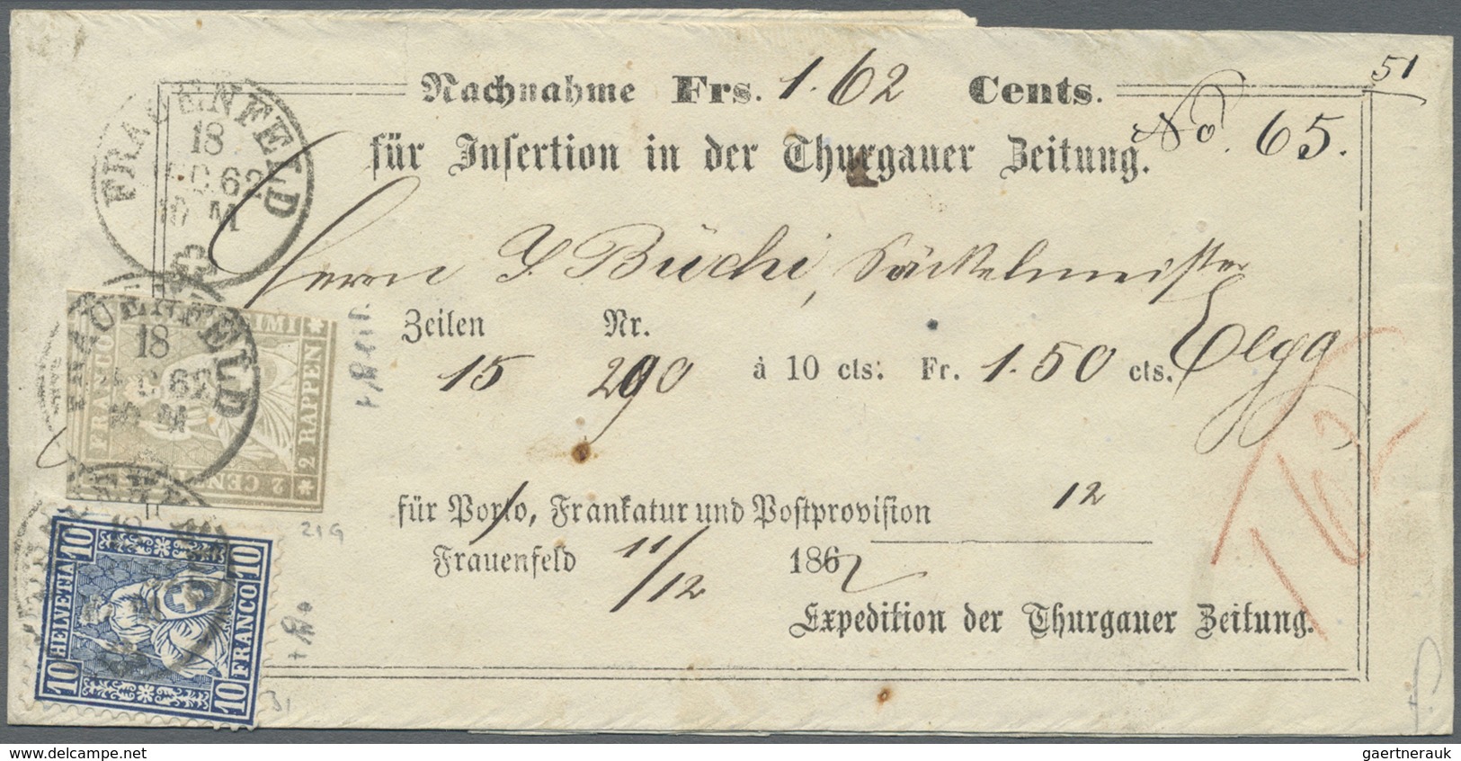 Br Schweiz: 1862 Mischfrankatur Strubel 2 Rp. Mit 10 Rp. Sitzende Helvetia Gezähnt Auf Gedrucktem Nachn - Neufs