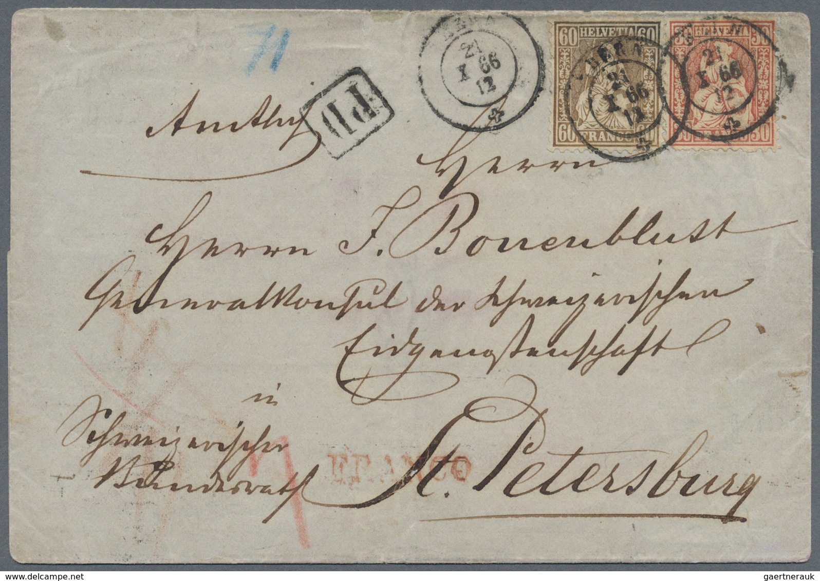 Br Schweiz: 1862 Sitzende Helvetia 60 Rp. Kupferbronze Zusammen Mit 30 Rp. Zinnober Auf Faltbriefhülle - Neufs