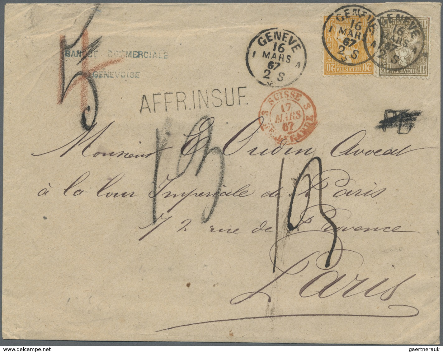 Br Schweiz: 1867. Sitzende Helvetia 20c Orange (Yvert 37) Und 1f Bronze (Yvert 41a) Auf Briefhülle Von - Ongebruikt