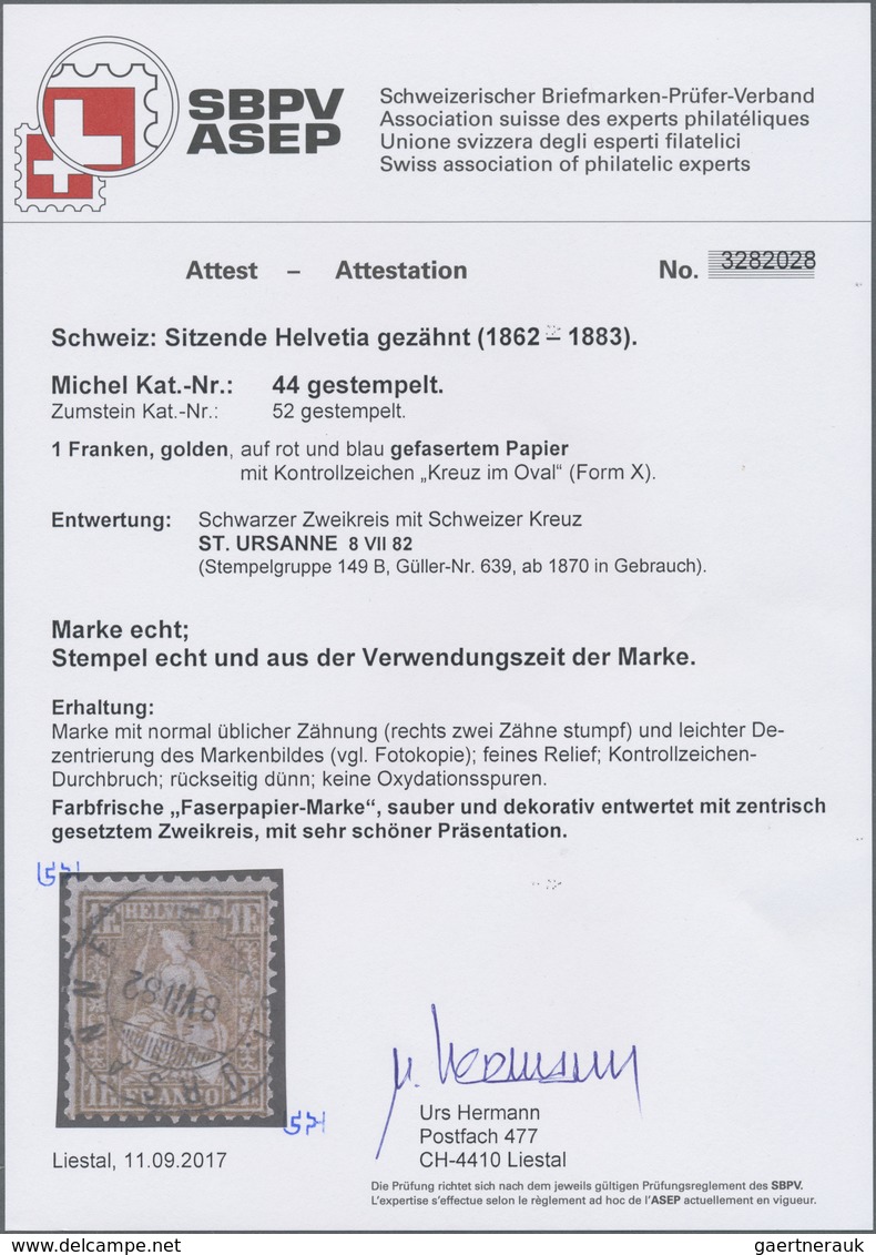 O Schweiz: 1882 Sitzende Helvetia 1 Fr. Golden Auf Faserpapier, Gebraucht Und Sauber Entwertet Mit Ort - Ongebruikt