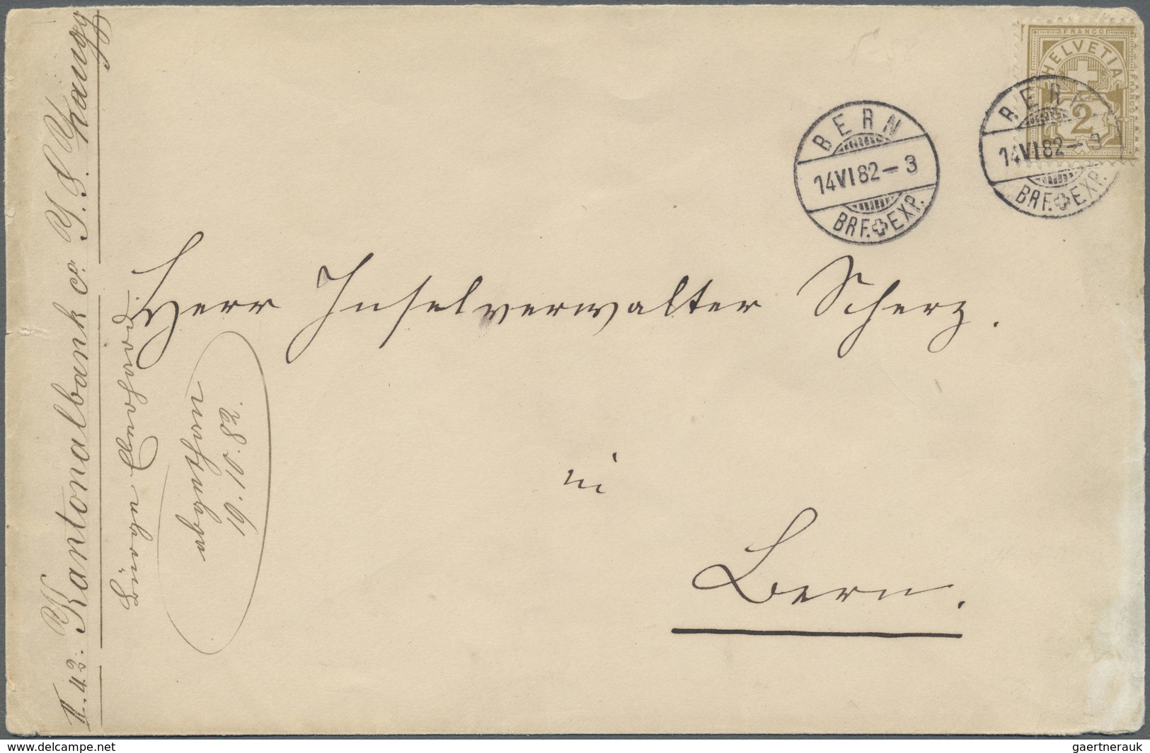 Br Schweiz: 1882, 2 Rp. Auf Bankbrief Aus Bern Nach Luzern, An Der Oberkante Ganz, Links Und Rechts Tei - Neufs