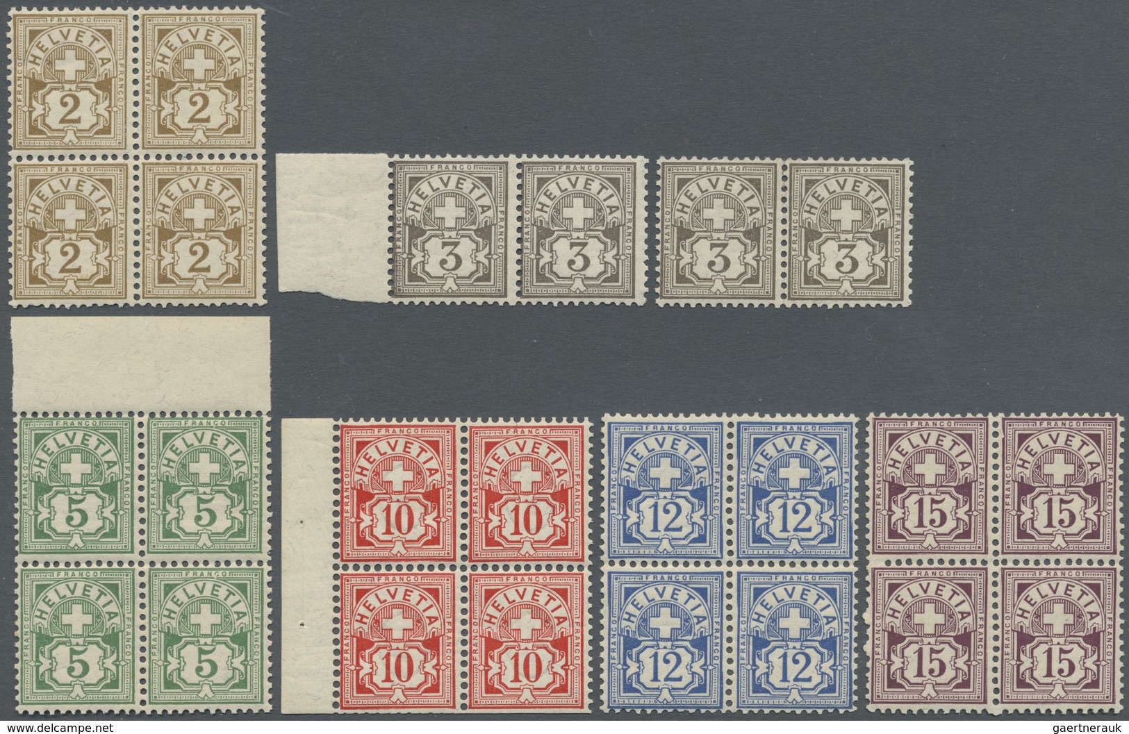 ** Schweiz: 1894/1906: Postfrischer Satz 4er-Blocks Bzw. Zweier Paare (3 Rp.), 10 Rp. Mit Schmalem Kont - Ongebruikt