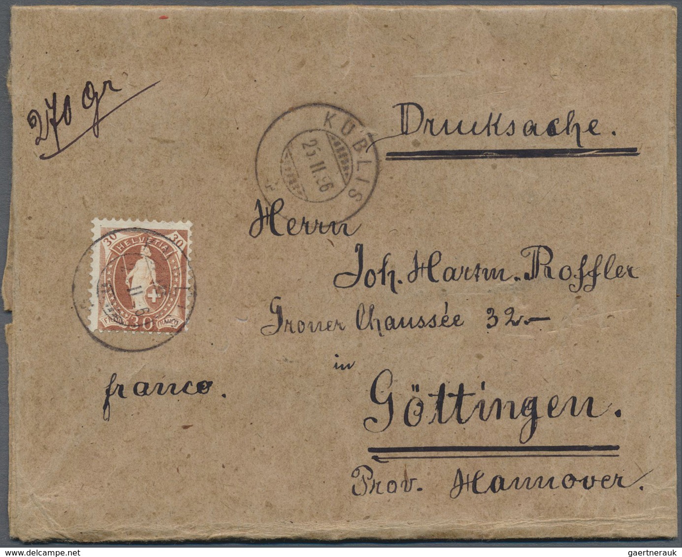 Br Schweiz: 1882, 30 C. Orangebraun (eckrund) Mit Stempel "KUBLIS 29.II.90" Als Portogerechte Einzelfra - Ongebruikt