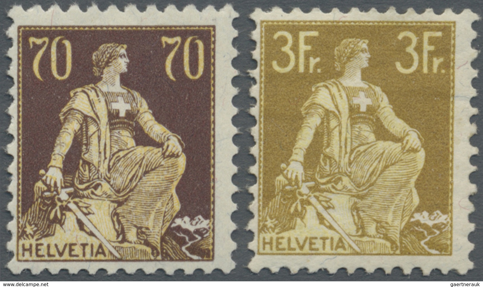 **/(*) Schweiz: 1908 Helvetia 70 Rp. Dunkelbraun/gelb Tadellos Postfrisch, Signiert Sorani, Und Dazu Eine 3 - Neufs