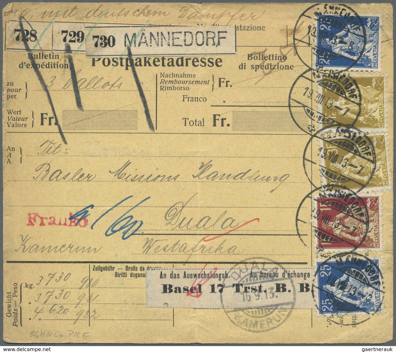 Br Schweiz:  1913: Postpaketadresse über 3 Pakete Von Mannedorf (Schweiz) An Die Basler Missionshandlun - Ongebruikt