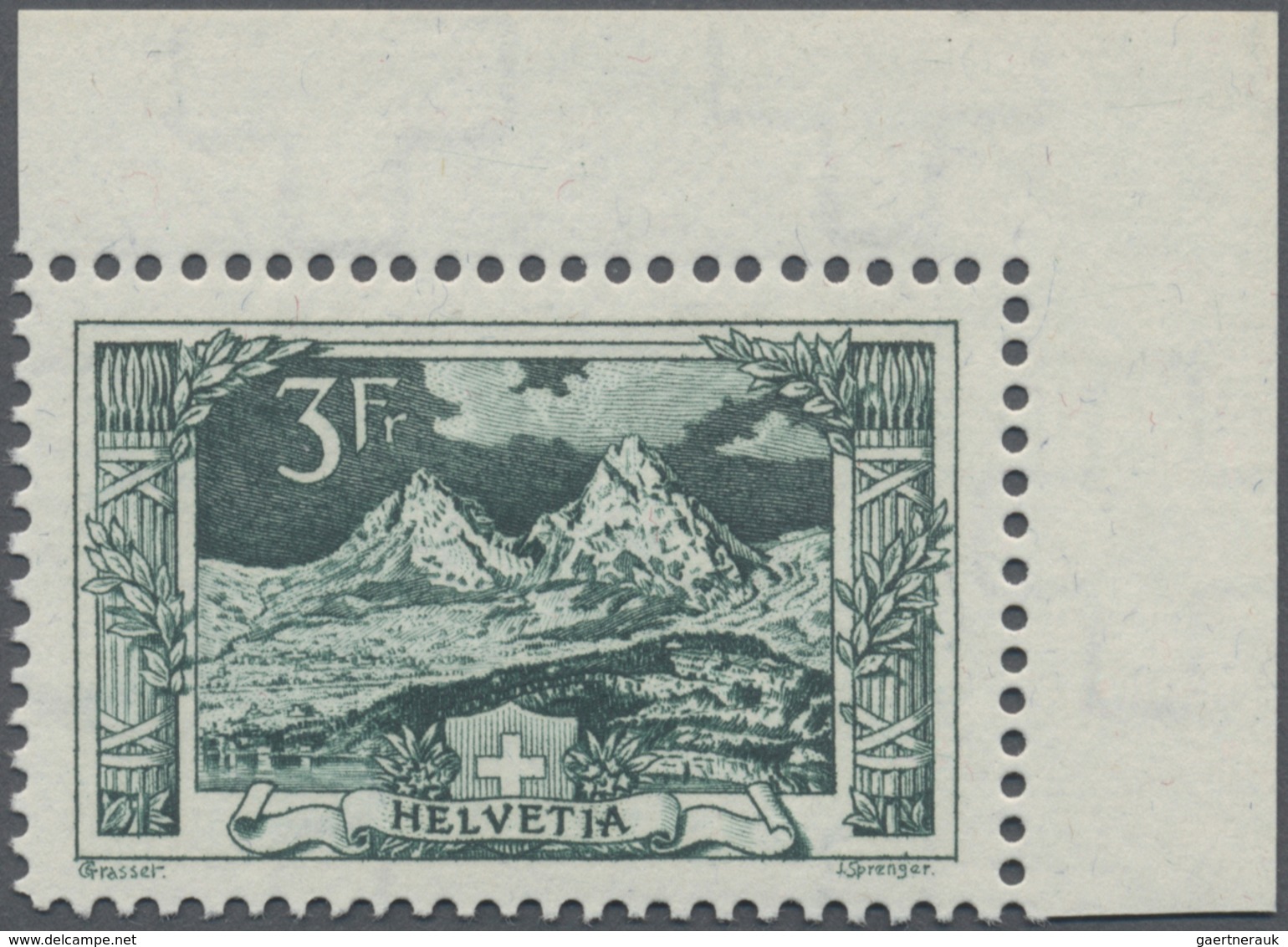 ** Schweiz: 1914, Freimarken: Gebirgslandschaften 3 Franken Schwärzlichbläulichgrün, Schneeweiße Bogene - Neufs