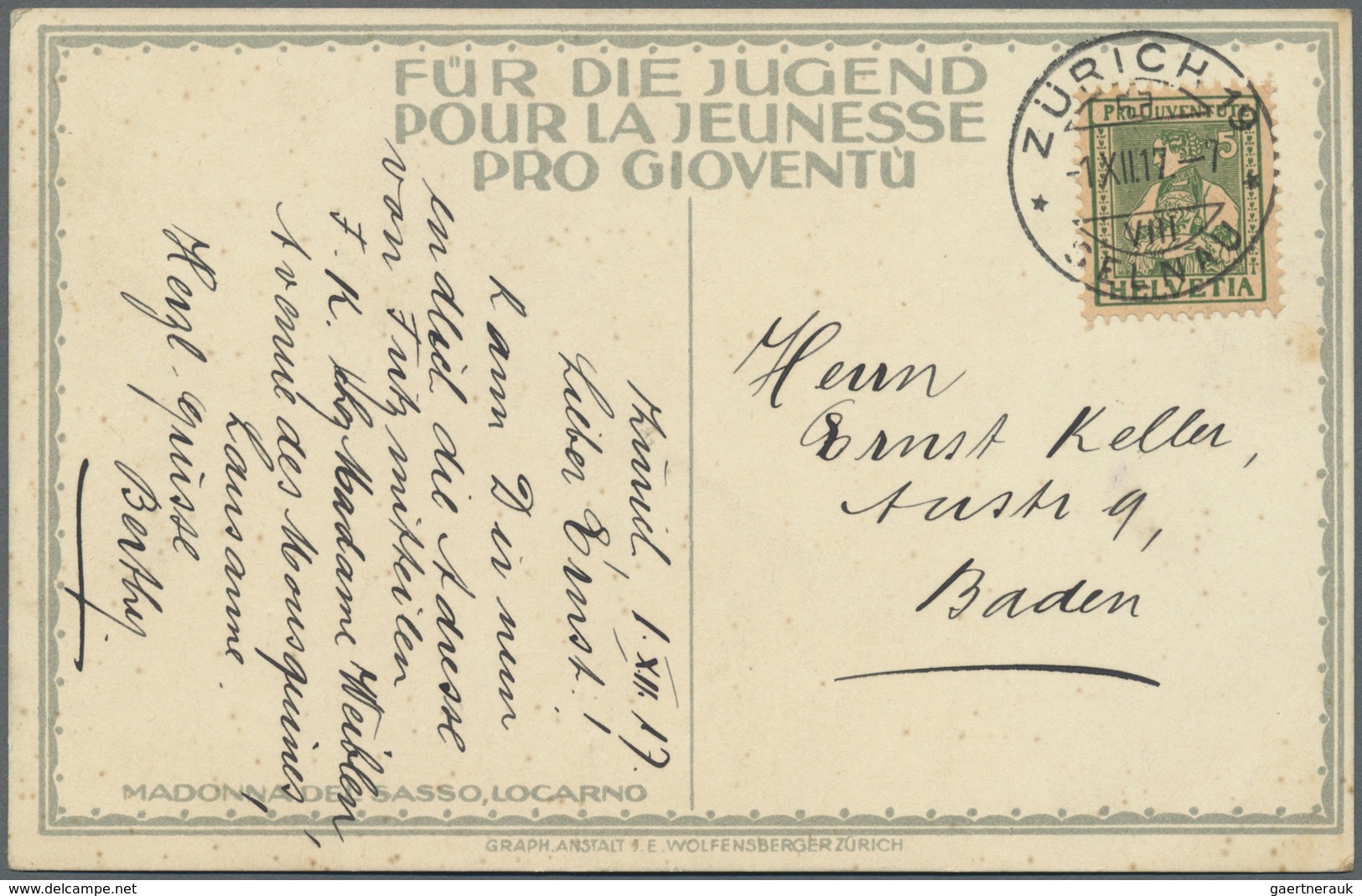 Br/ Schweiz: 1917, 5 Rp. Pro Juventute Auf Sonderkarte Als Bedarf Ab ZÜRICH 1. XII. 17 Vom Ersttag. - Neufs