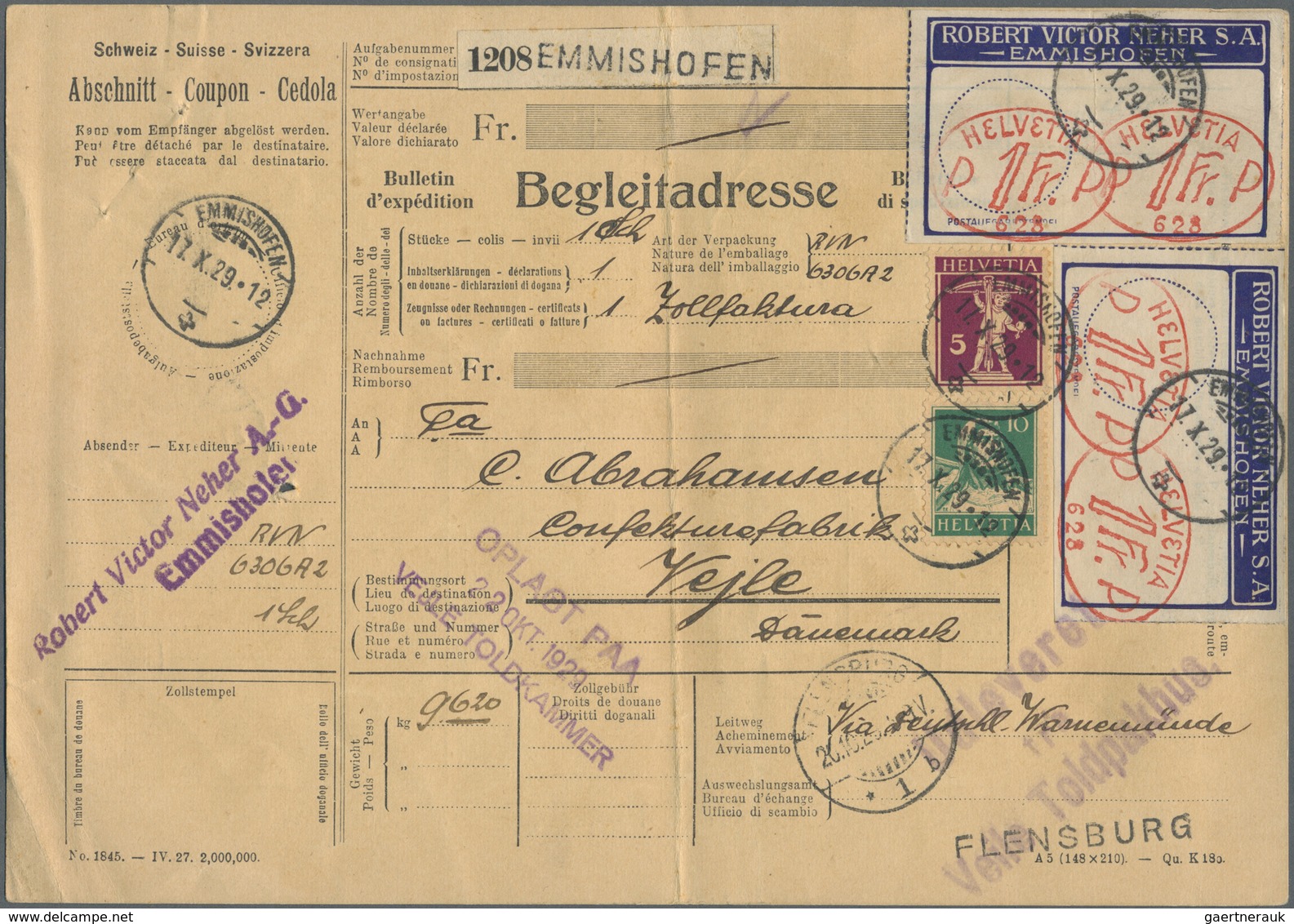 Br Schweiz: 1929: Vier Freistempel (Typ Hasler) Zu 1 Fr. Je Per Zwei Auf Zwei Absendervignetten Von Rob - Ongebruikt