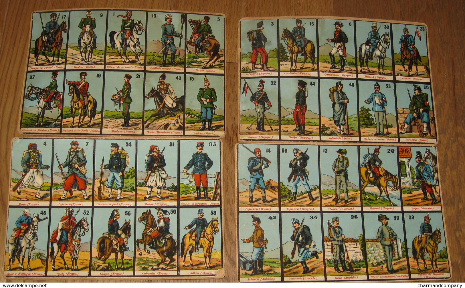 Rare Loto Ancien / C1910 - Loto Des Militaires Européens - Chromolitho - 6 Cartons De Jeu + 23 'pions' - 6 Scans - Jouets Anciens