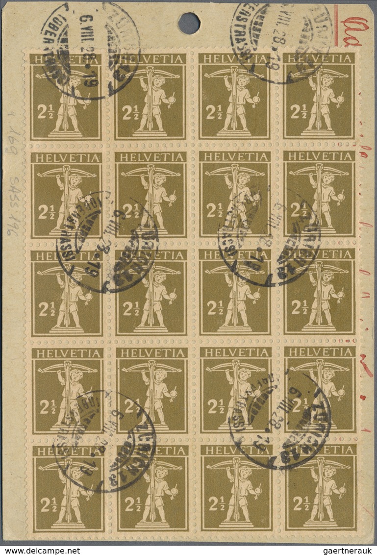 Br Schweiz: 1924, Tellknabe 2½ Rp. Als 20-er Block + Viererstreifen Auf Paket-Label Gest. "ZÜRICH 6.VII - Neufs