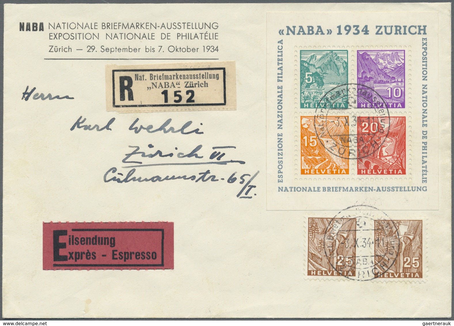 Br Schweiz: 1934 NABA-Block Mit Zusatzfrankatur Auf Ausstellungsumschlag Als Orts-R-Expressbrief Zürich - Ongebruikt