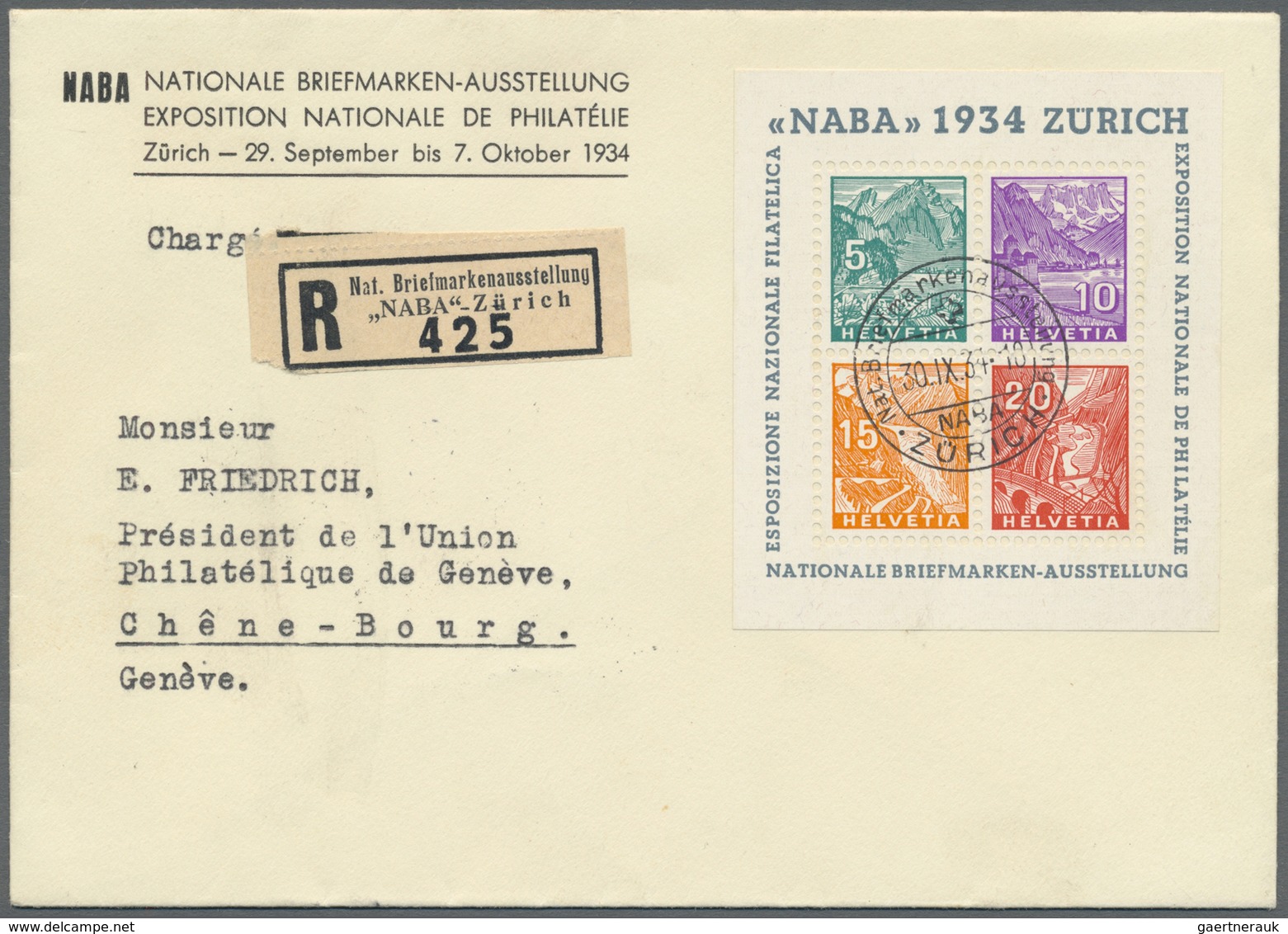 Br Schweiz: 1934, NABA-Block Mit SST Vom 30.IX.34 Und Sonder-R-Zettel Auf Einschreibe-Brief Von Zürich - Neufs