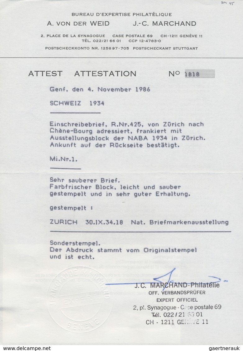 Br Schweiz: 1934, NABA-Block Mit SST Vom 30.IX.34 Und Sonder-R-Zettel Auf Einschreibe-Brief Von Zürich - Ongebruikt