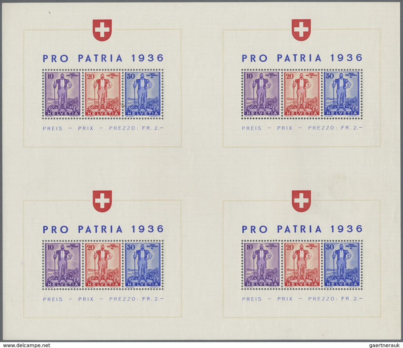 ** Schweiz: 1936, Pro Partria 'Freiburger Senn' Blockausgabe Im Kompletten Großbogen Mit 4 Blocks, Post - Ongebruikt