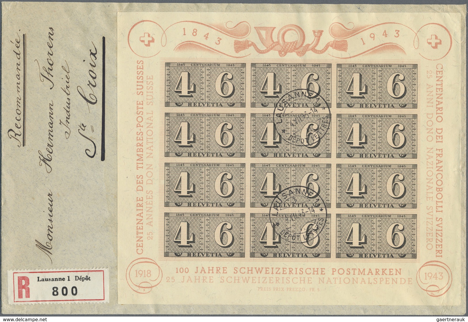 Br Schweiz: 1943 '100 Jahre Schweiz. Briefmarken'-Luxusblatt Auf R-Brief Von Lausanne (4.VII.43) Nach S - Neufs