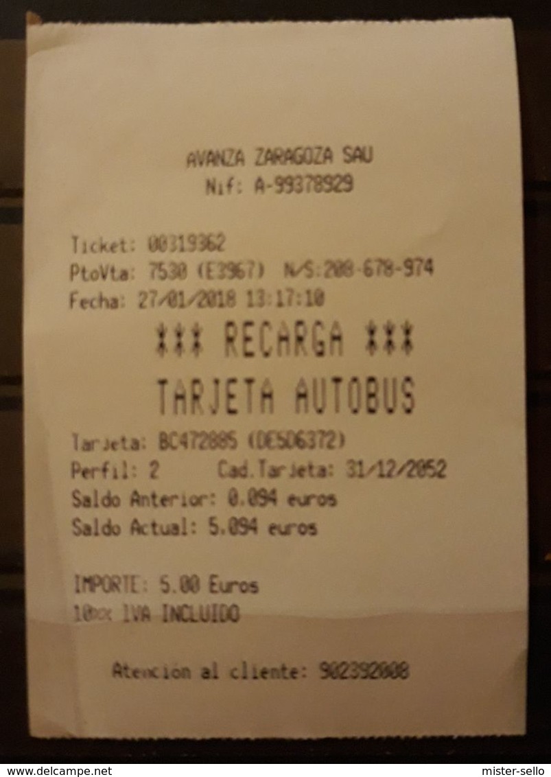 BUS - AUTOBÚS. TICKET RECARGA. ZARAGOZA- ESPAÑA. - Europa