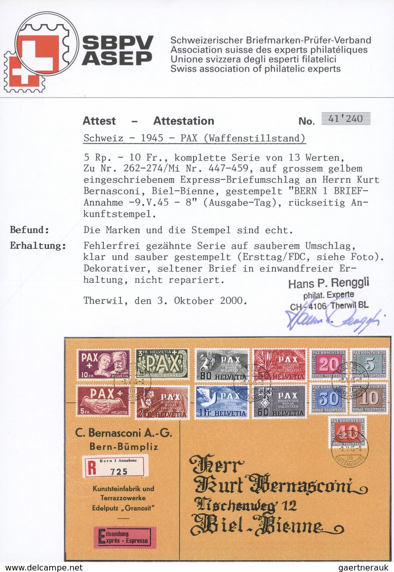 Schweiz: 1945 PAX-FDC: Kompletter Satz Auf Großem Charge-Express-FDC Von Bern Nach Biel, Sauber Gest - Neufs