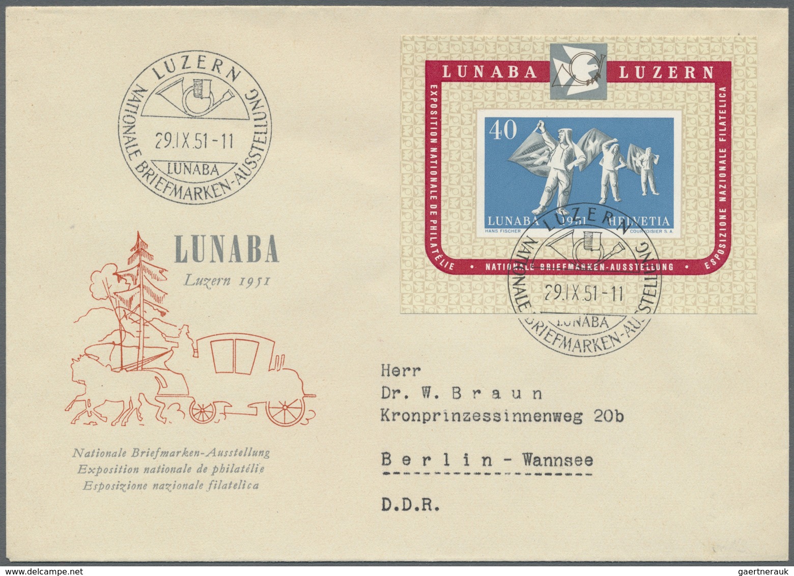 **/O/Br Schweiz: 1951, LUNABA-Block Auf Ausstellungsbrief Mit Sonderstempel Vom 29.IX.51. Dazu Einmal Postfr - Neufs