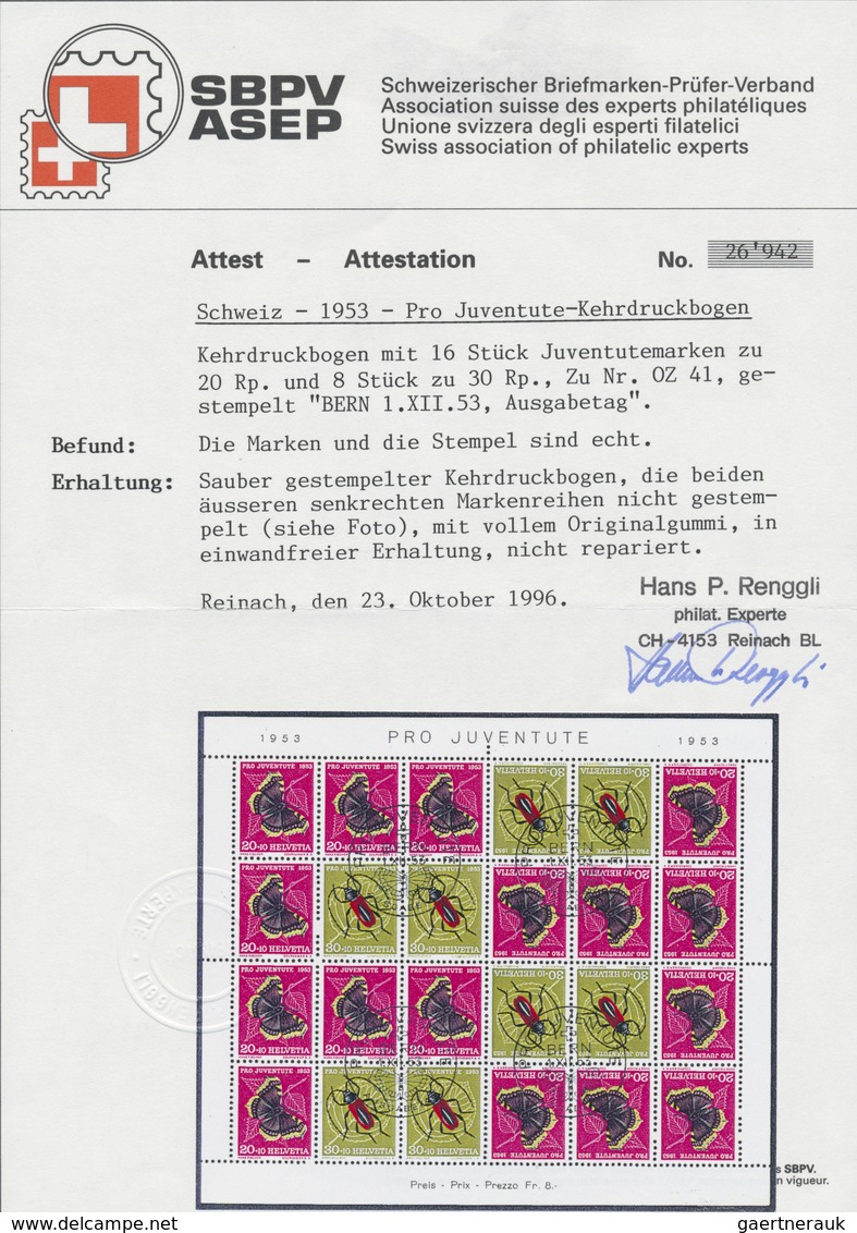 O Schweiz: 1953, Pro Juventute Als Gestempelter Kehrdruck-Kleinbogen Mit 4 X H-Blatt 46. Attest Renggl - Neufs