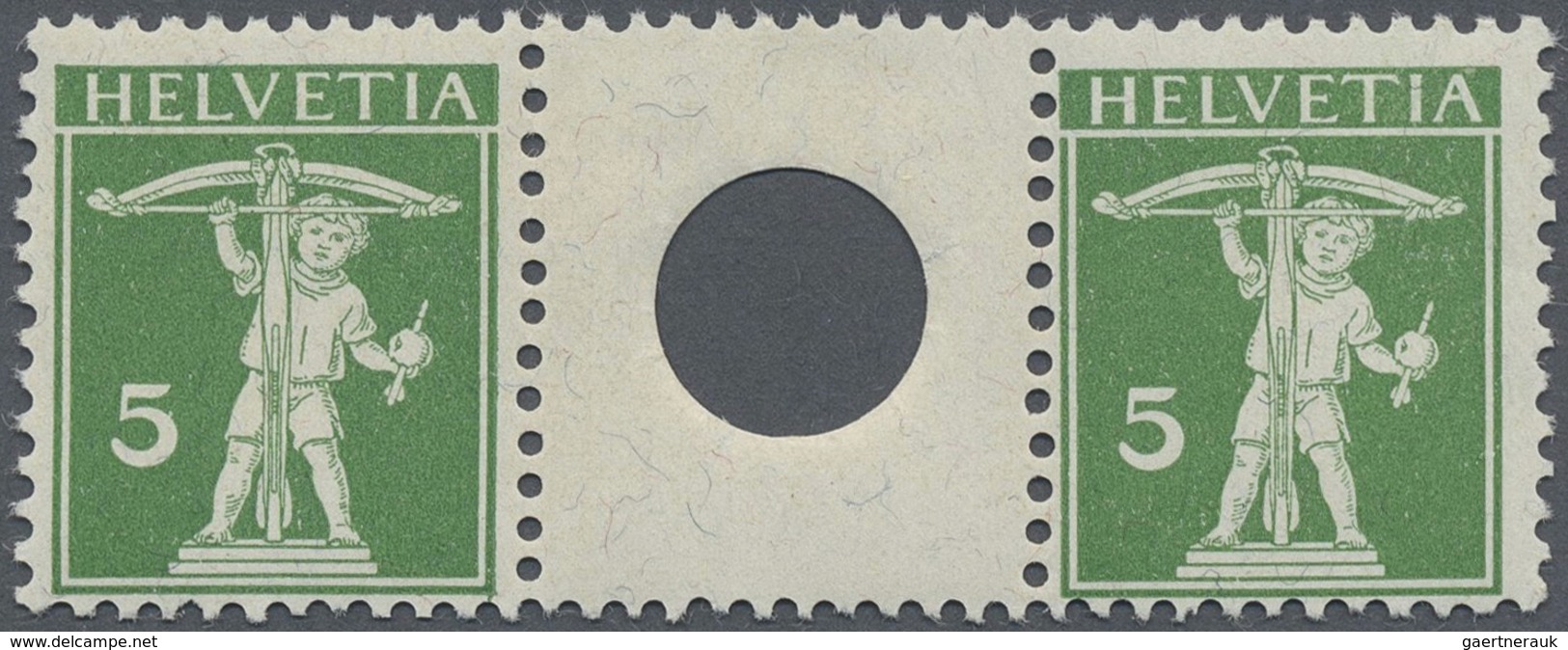 ** Schweiz - Zusammendrucke: 1909-11 Tell 5 Rp. Grün In Type II Im Zwischenstegpaar Mit Großer Lochung, - Se-Tenant