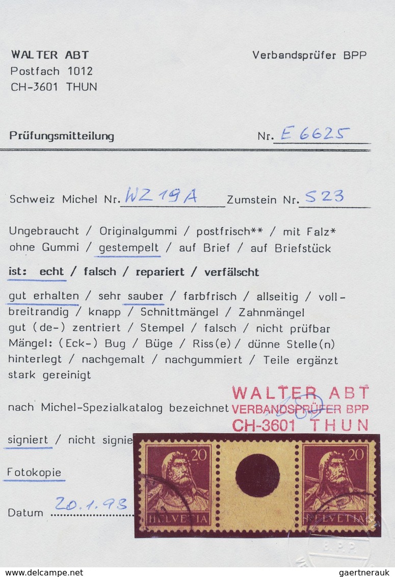 O Schweiz - Zusammendrucke: 1921 Tellvater 20 Rp. Rotlila Im Zwischenstegpaar Mit Großer Lochung, Gebr - Se-Tenant