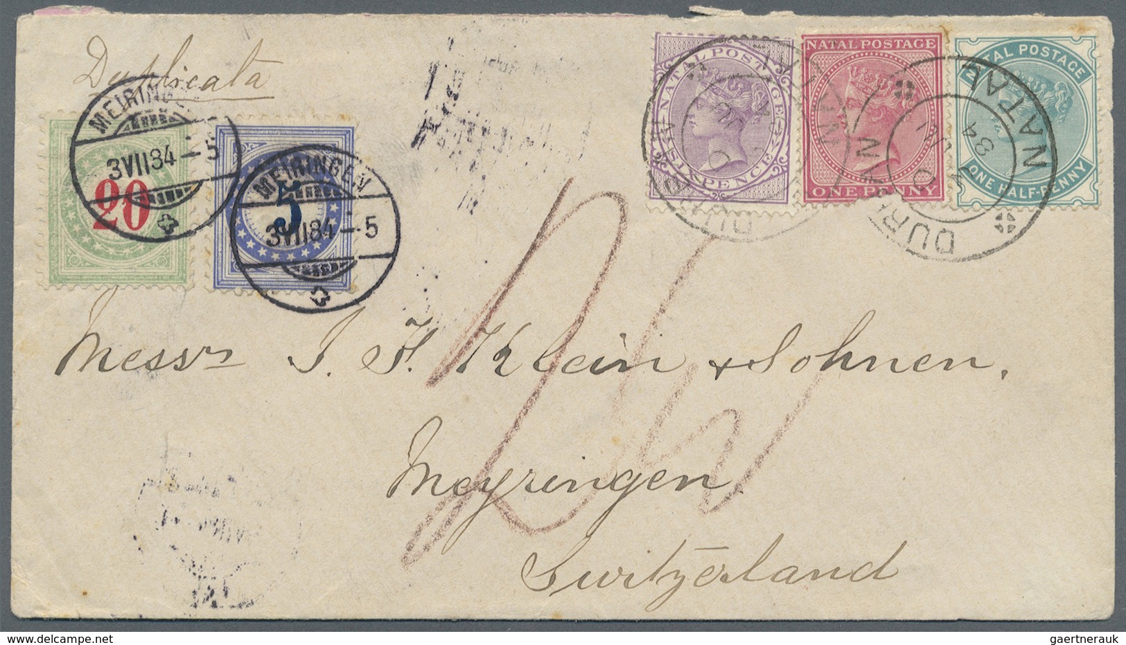 Br Schweiz - Portomarken: 1884. Envelope Addressed To Switzerland Bearing Natal SG 97, ½d Green, SG 99, - Taxe