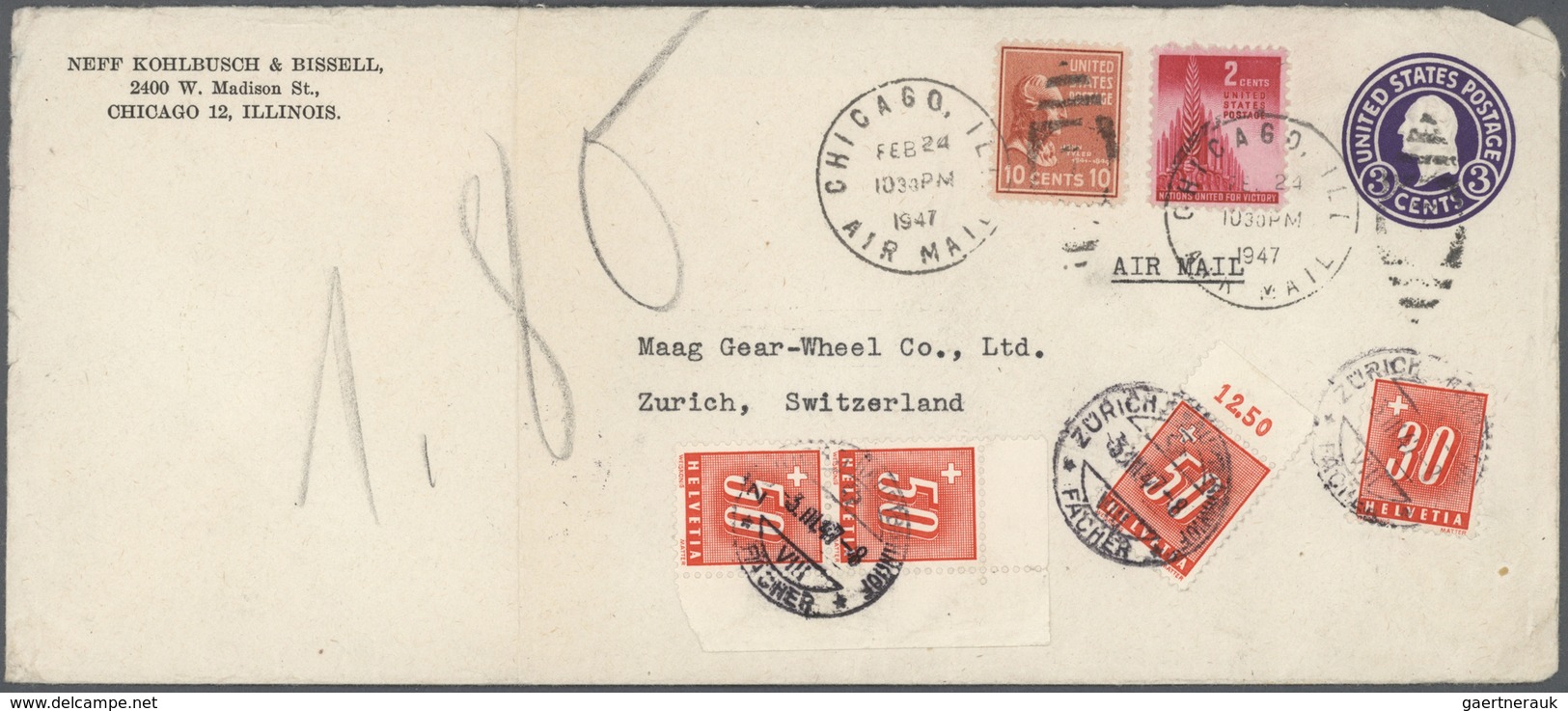 GA Schweiz - Portomarken: 1947 Insuffiently Franked US Postal Stationery Envelope 3c. Uprated 10c And 3 - Strafportzegels