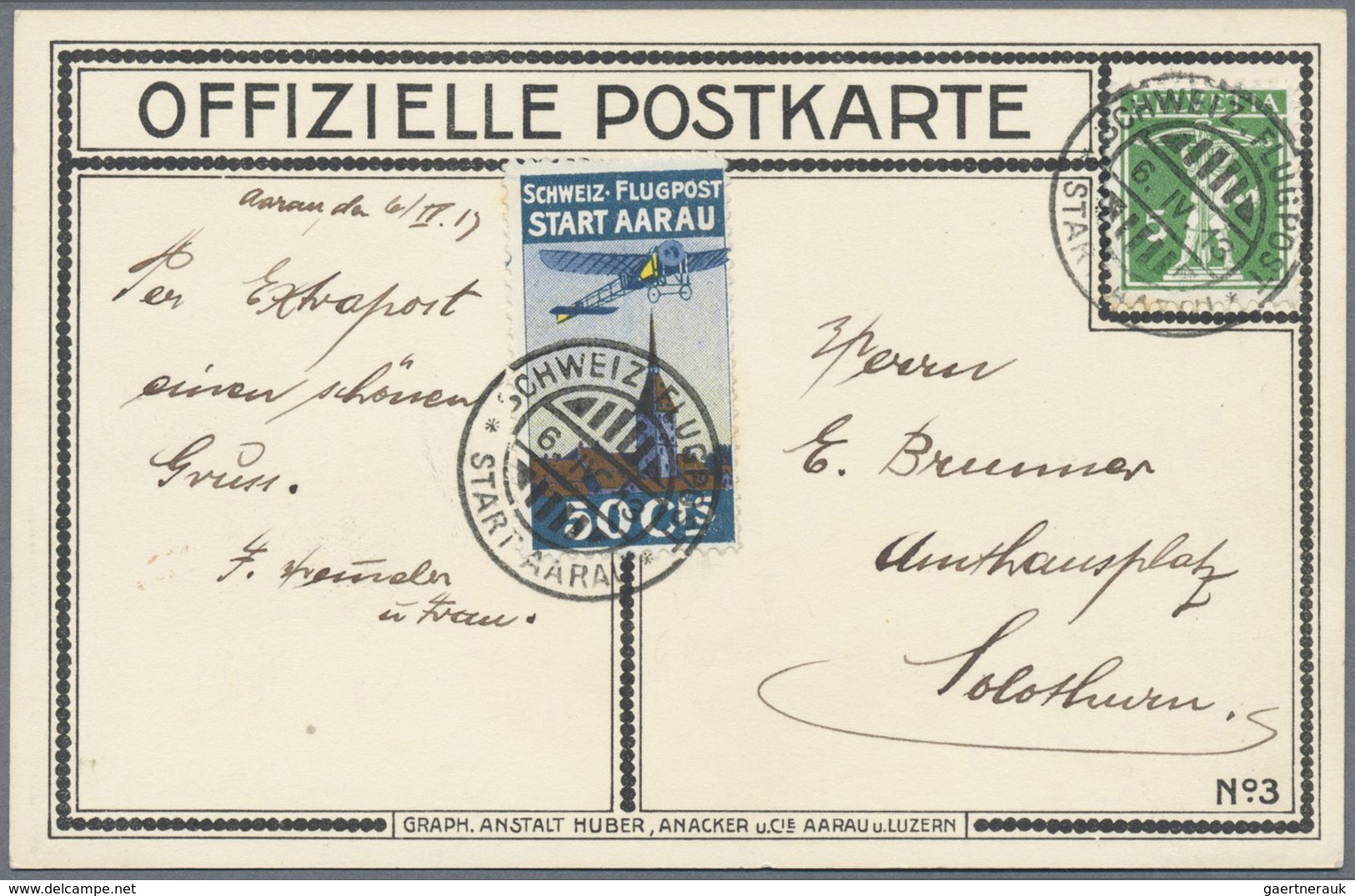 Br Schweiz - Halbamtliche Flugmarken: 1913: 50 C Aarau-Olten, Tadellos Auf Flugpostkarte. Luxusbeleg. A - Oblitérés
