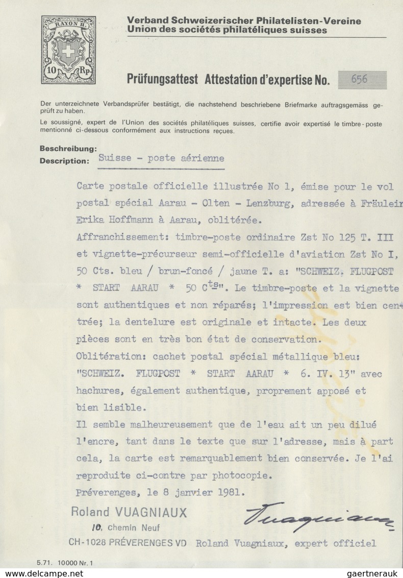 Br Schweiz - Halbamtliche Flugmarken: 1913, 50 C. Flugpost Aarau - Olten Und 5 C. Freimarke Je Mit Flug - Oblitérés